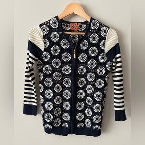 Tory Burch Crochet Cardigan Sweater Navy White Striped Zip Front Small